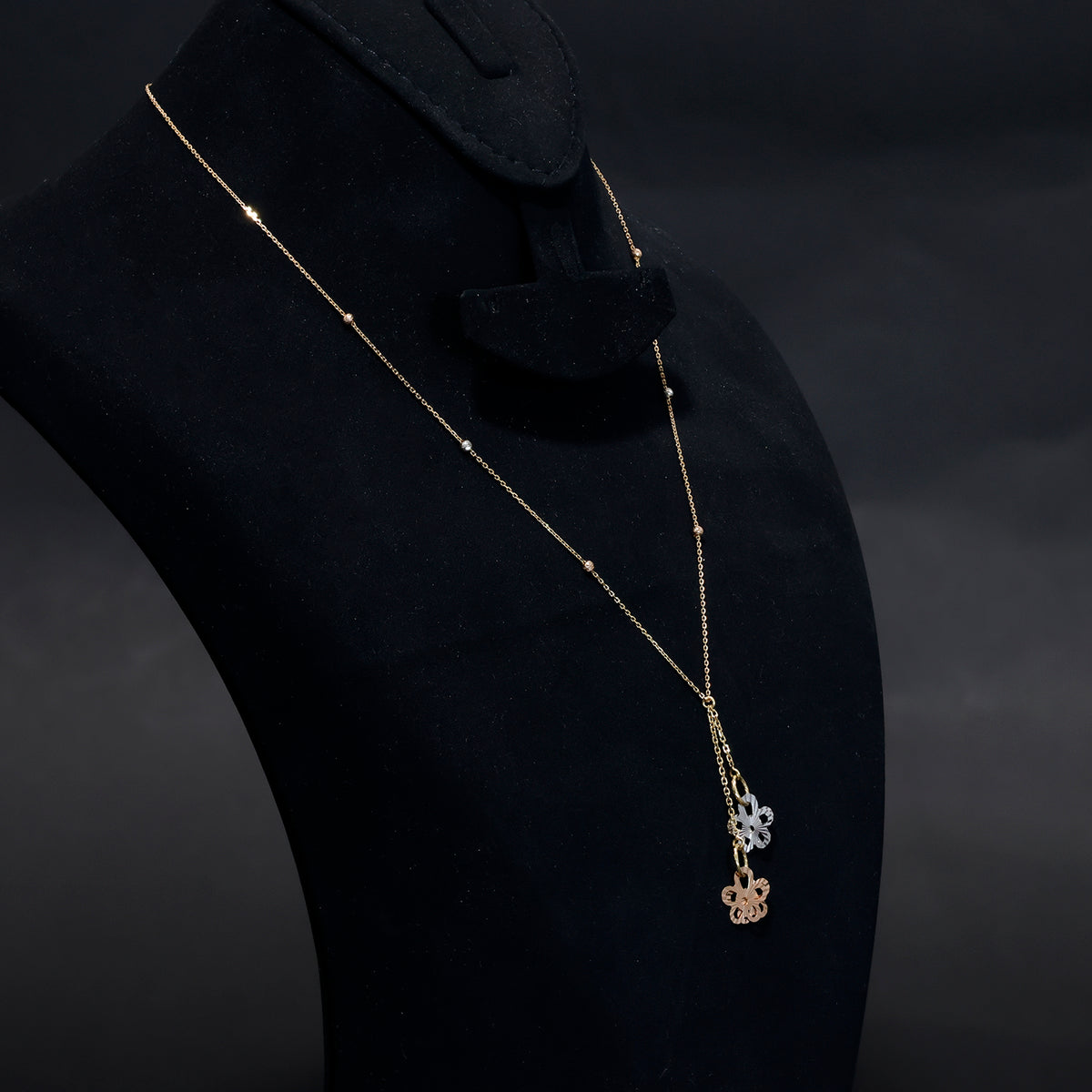 18K Gold Dual Flower Charm Necklace - Side Angle