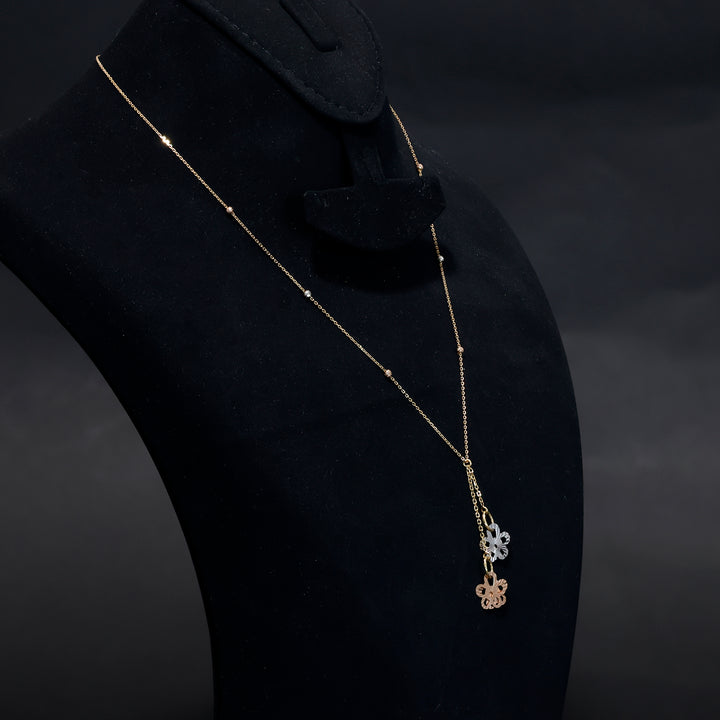 18K Gold Dual Flower Charm Necklace - Side Angle