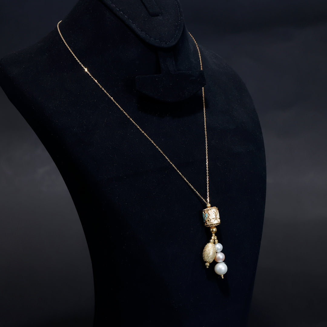 18K Gold Necklace – Textured Pendant with Cascading Pearl Drops - Side Angle