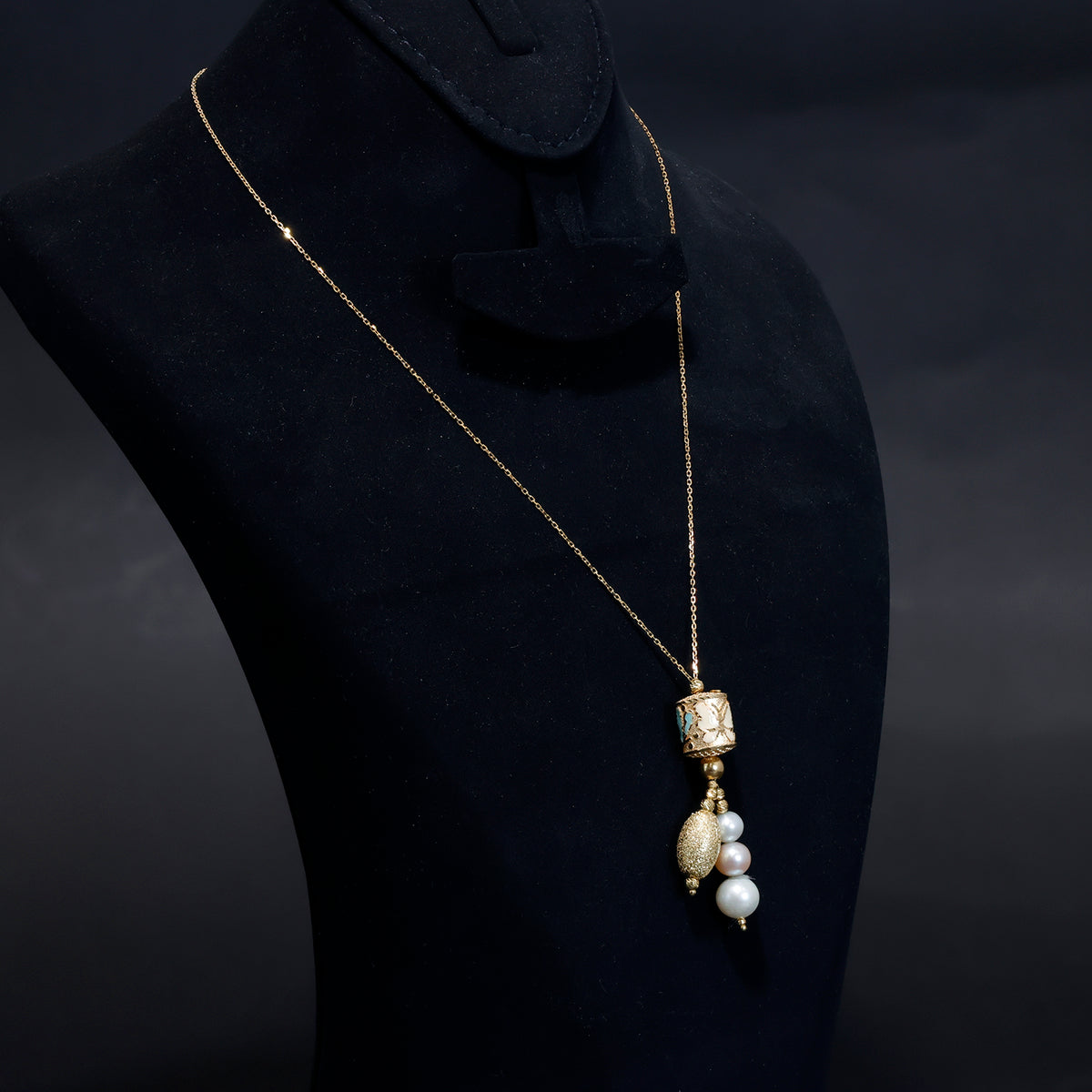 18K Gold Necklace – Textured Pendant with Cascading Pearl Drops - Side Angle