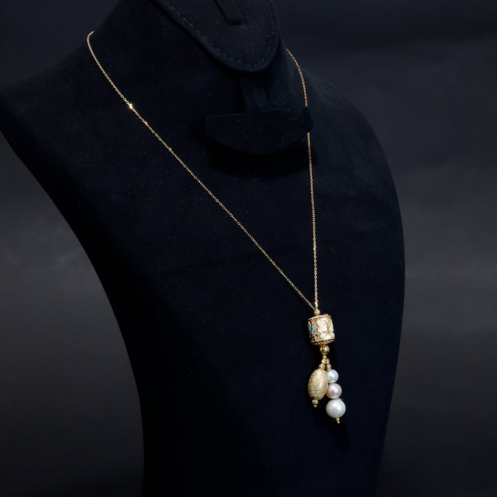 18K Gold Necklace – Textured Pendant with Cascading Pearl Drops - Side Angle
