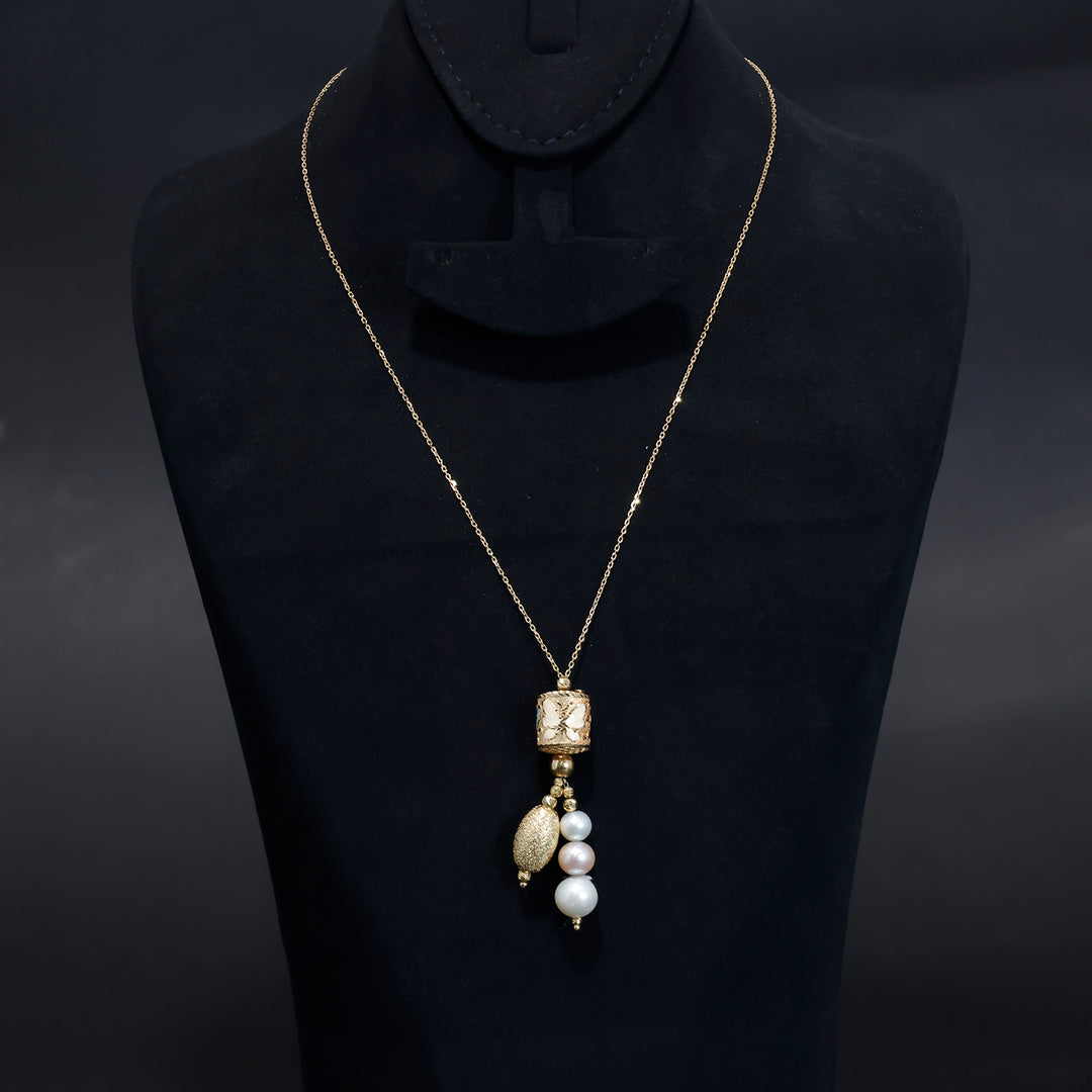 18K Gold Necklace – Textured Pendant with Cascading Pearl Drops - Main View