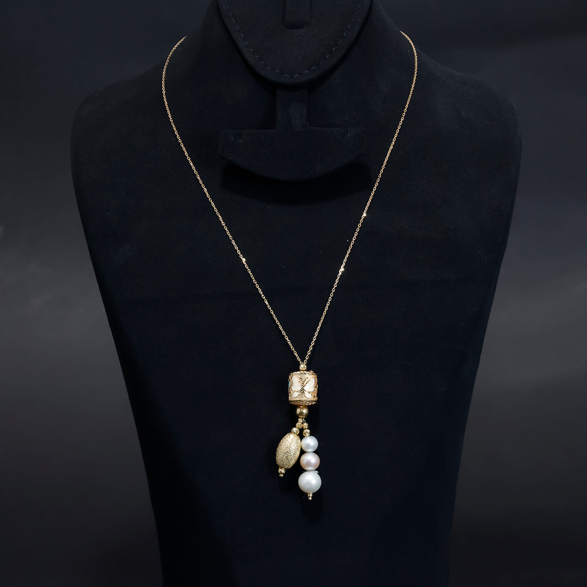 18K Gold Necklace – Textured Pendant with Cascading Pearl Drops - Main View
