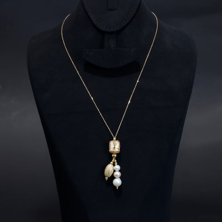 18K Gold Necklace – Textured Pendant with Cascading Pearl Drops - Main View