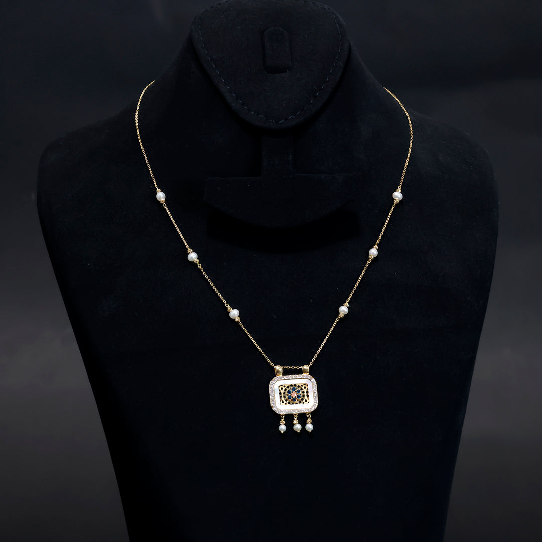 18K Gold Necklace with Pearl Accents &amp; Stone Pendant - Main View