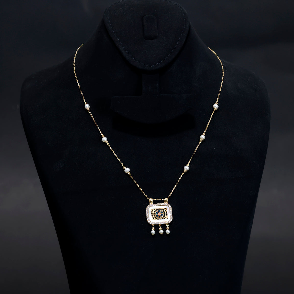 18K Gold Necklace with Pearl Accents & Stone Pendant - Main View