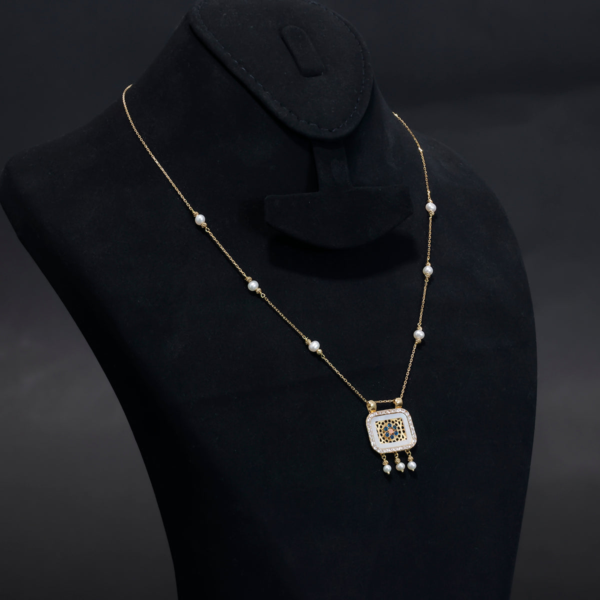 18K Gold Necklace with Pearl Accents & Stone Pendant - Side Angle