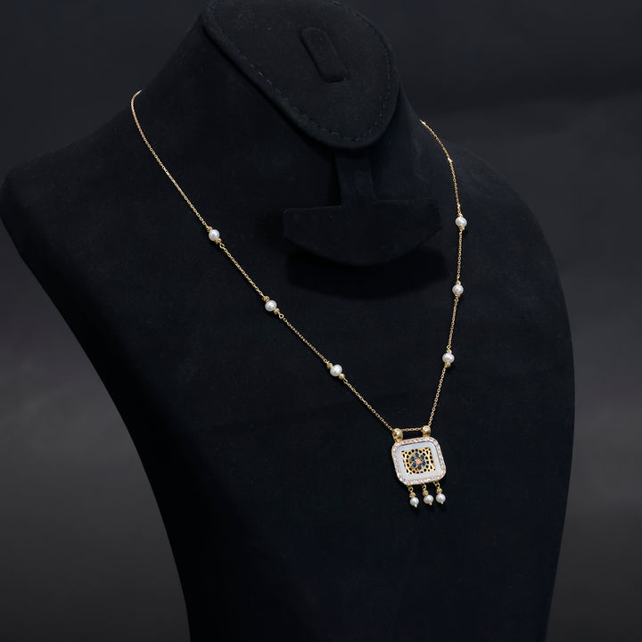 18K Gold Necklace with Pearl Accents &amp; Stone Pendant - Side Angle