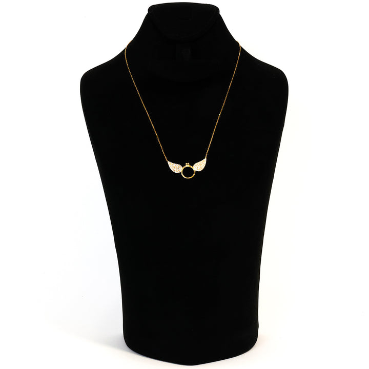 Gold necklace with star-shaped pendants on a black mannequin against a white background