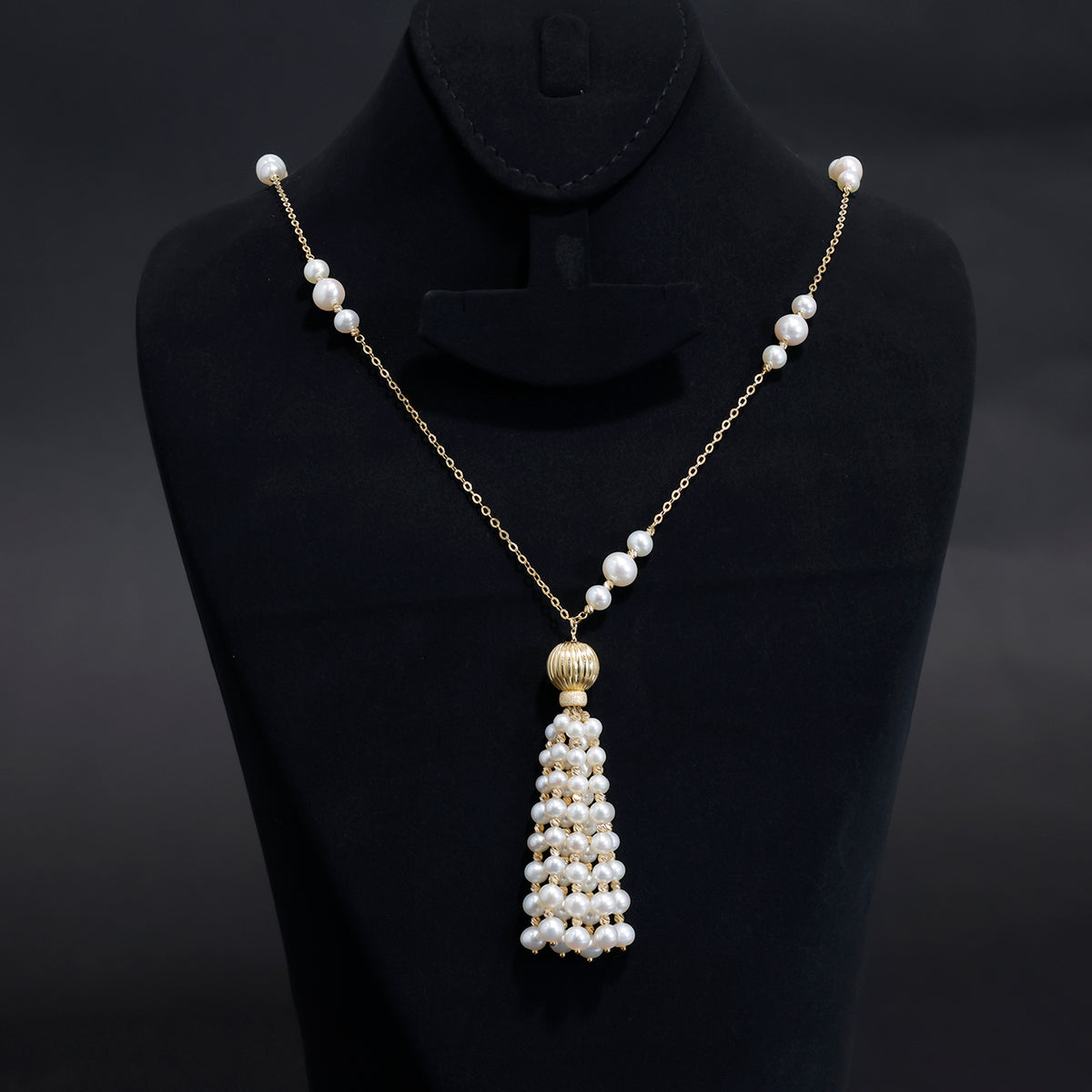 18K Gold Long Necklace with Beautiful Pearl Drop Design - Main View