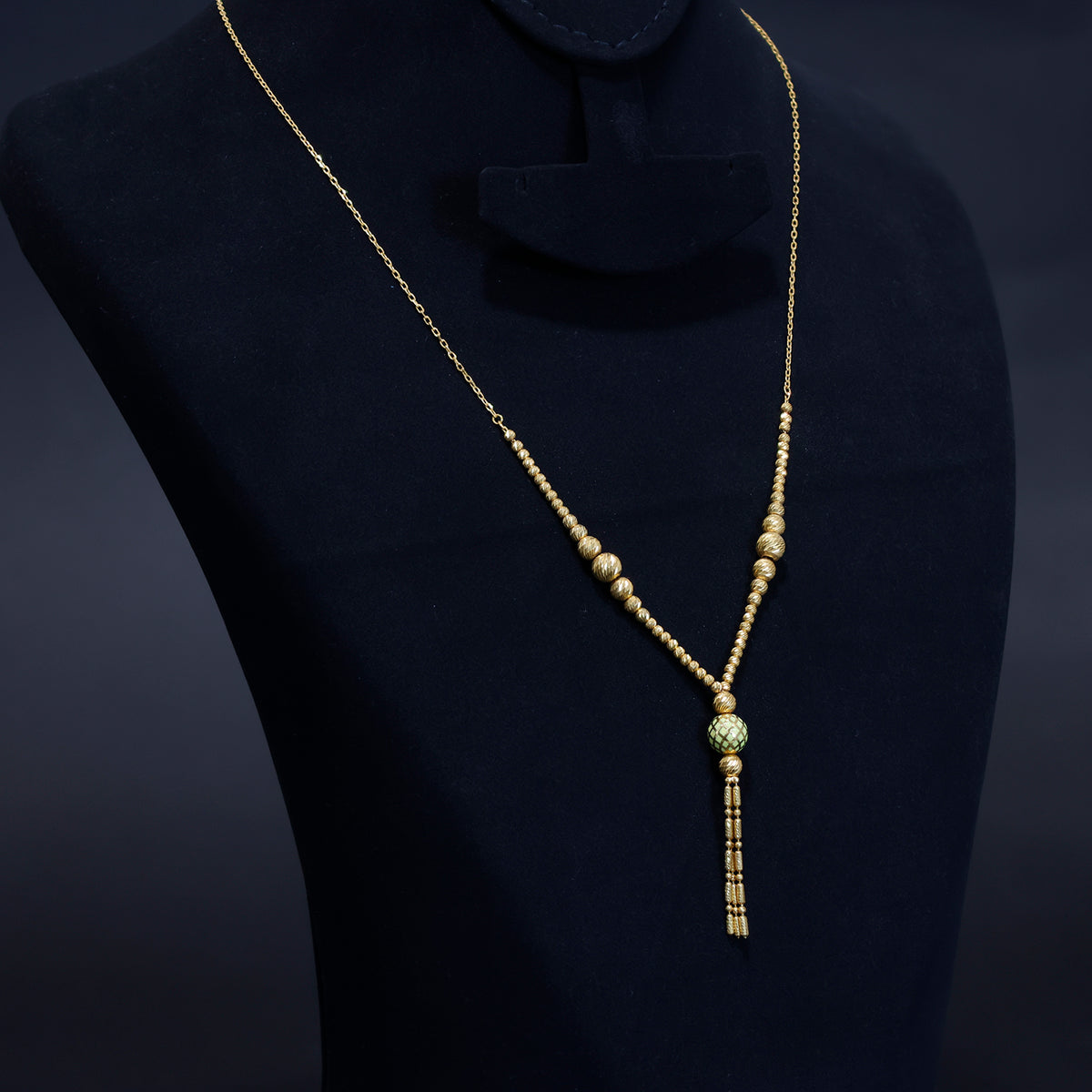 21K Gold Long Necklace for Women – Beaded Tassel Design – Side Angle