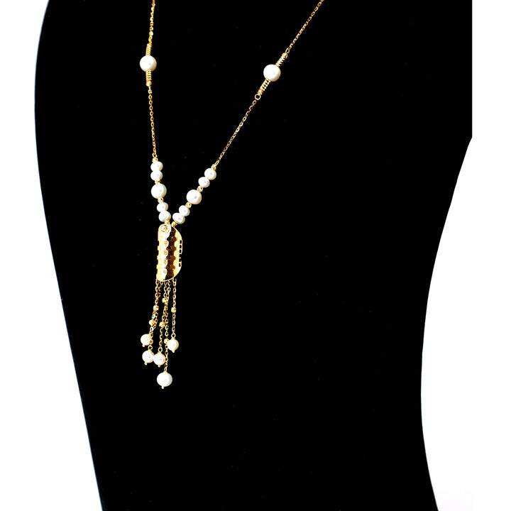 18K Gold Necklace – Yellow Pearl-beaded tassel drop necklace – Zero Making Charge