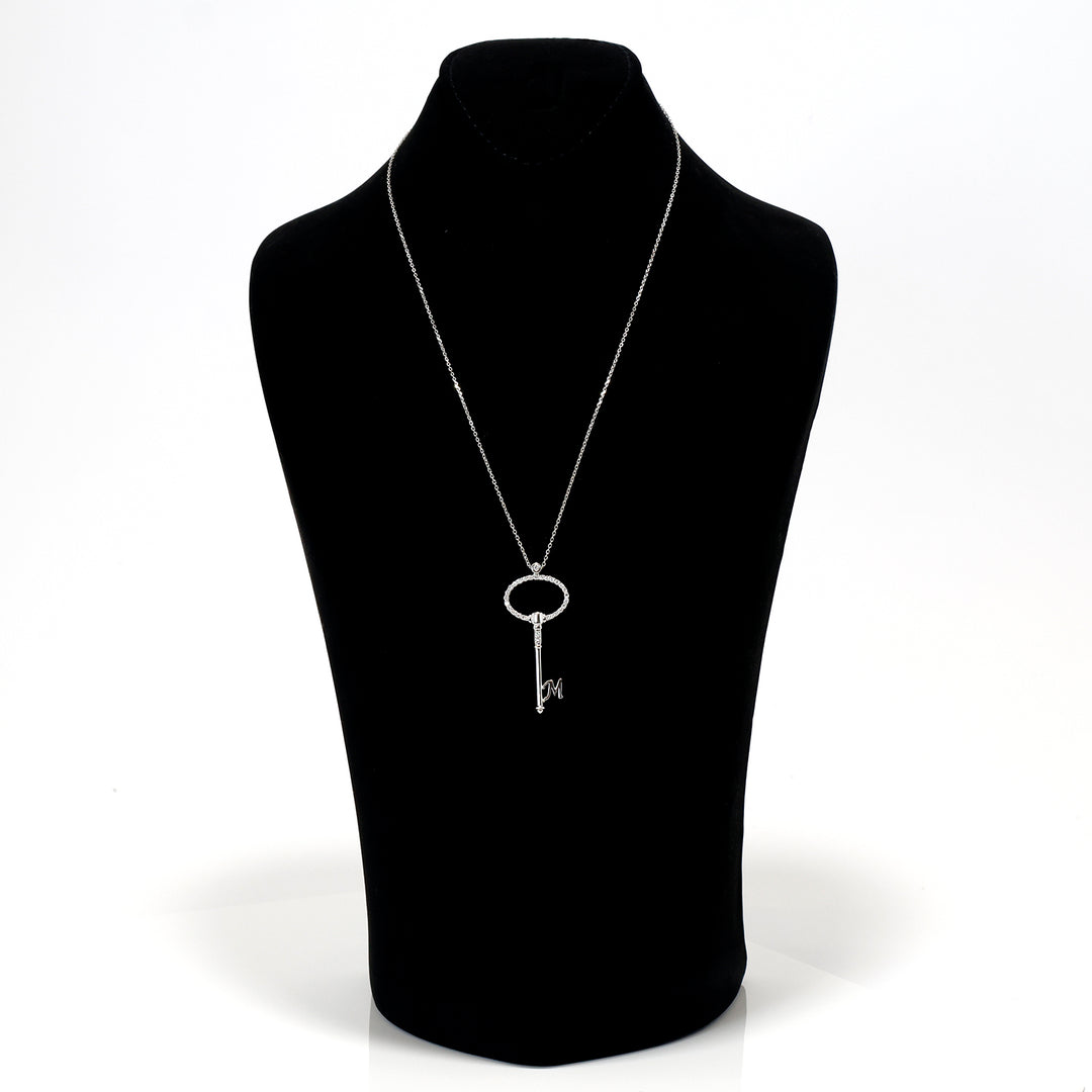 18K Gold Necklace – White Pavé key pendant with initial charm – Zero Making Charge