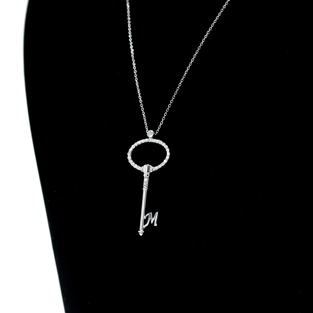 18K Gold Necklace – White Pavé key pendant with initial charm – Zero Making Charge