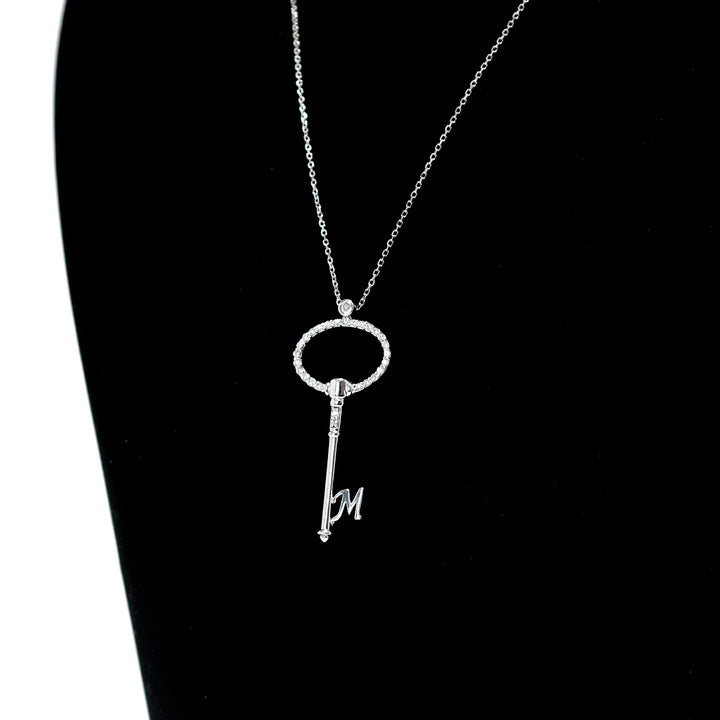 18K Gold Necklace – White Pavé key pendant with initial charm – Zero Making Charge