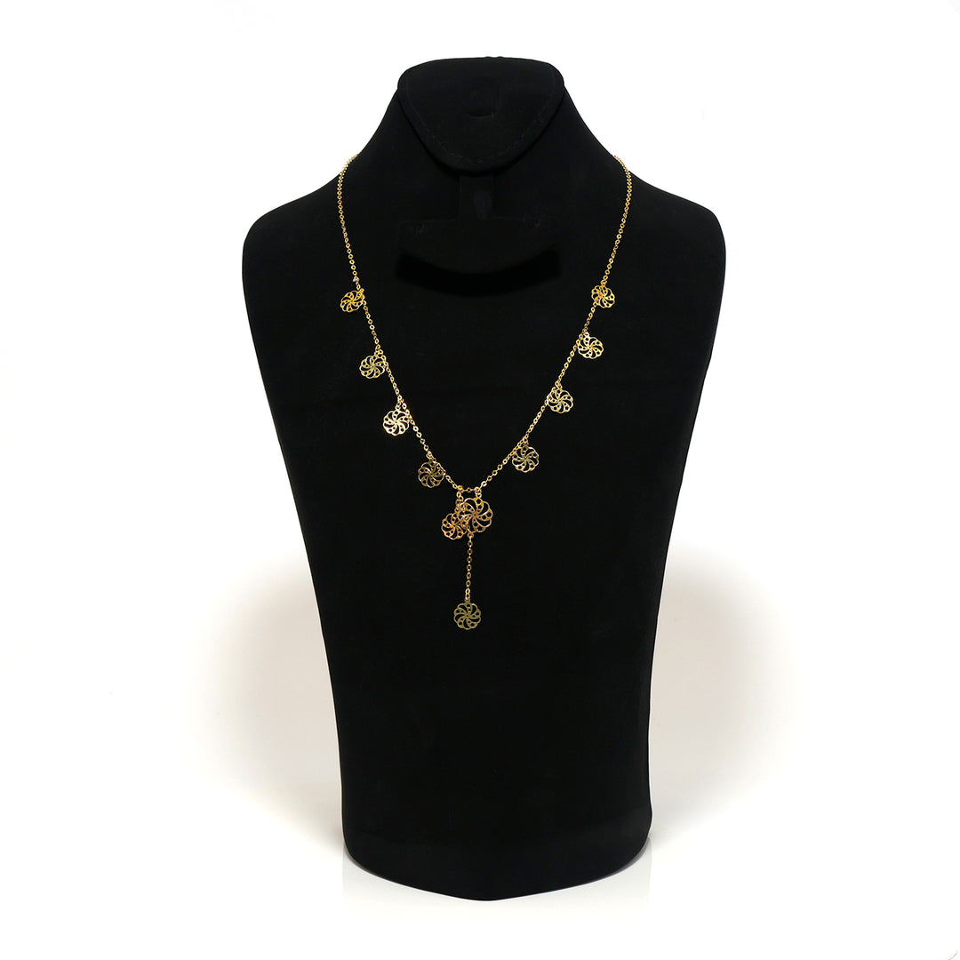 18K Gold Necklace – Yellow Filigree flower stations with drop charm – Zero Making Charge