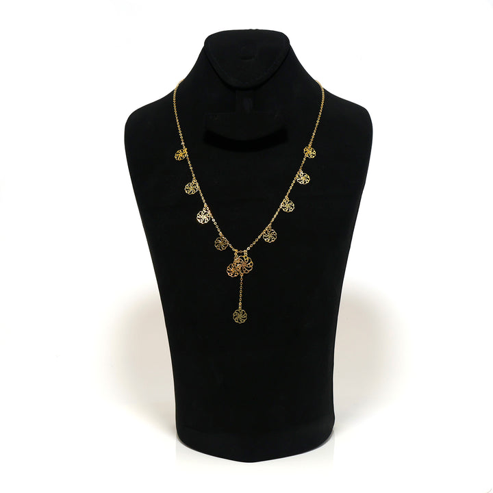 18K Gold Necklace – Yellow Filigree flower stations with drop charm – Zero Making Charge