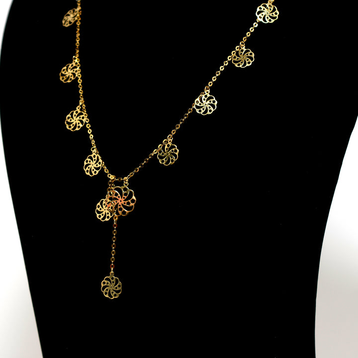 18K Gold Necklace – Yellow Filigree flower stations with drop charm – Zero Making Charge