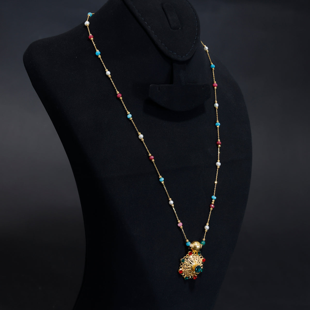 21K Gold Necklaces – colourful beads and an intricate floral pendant - Side Angle