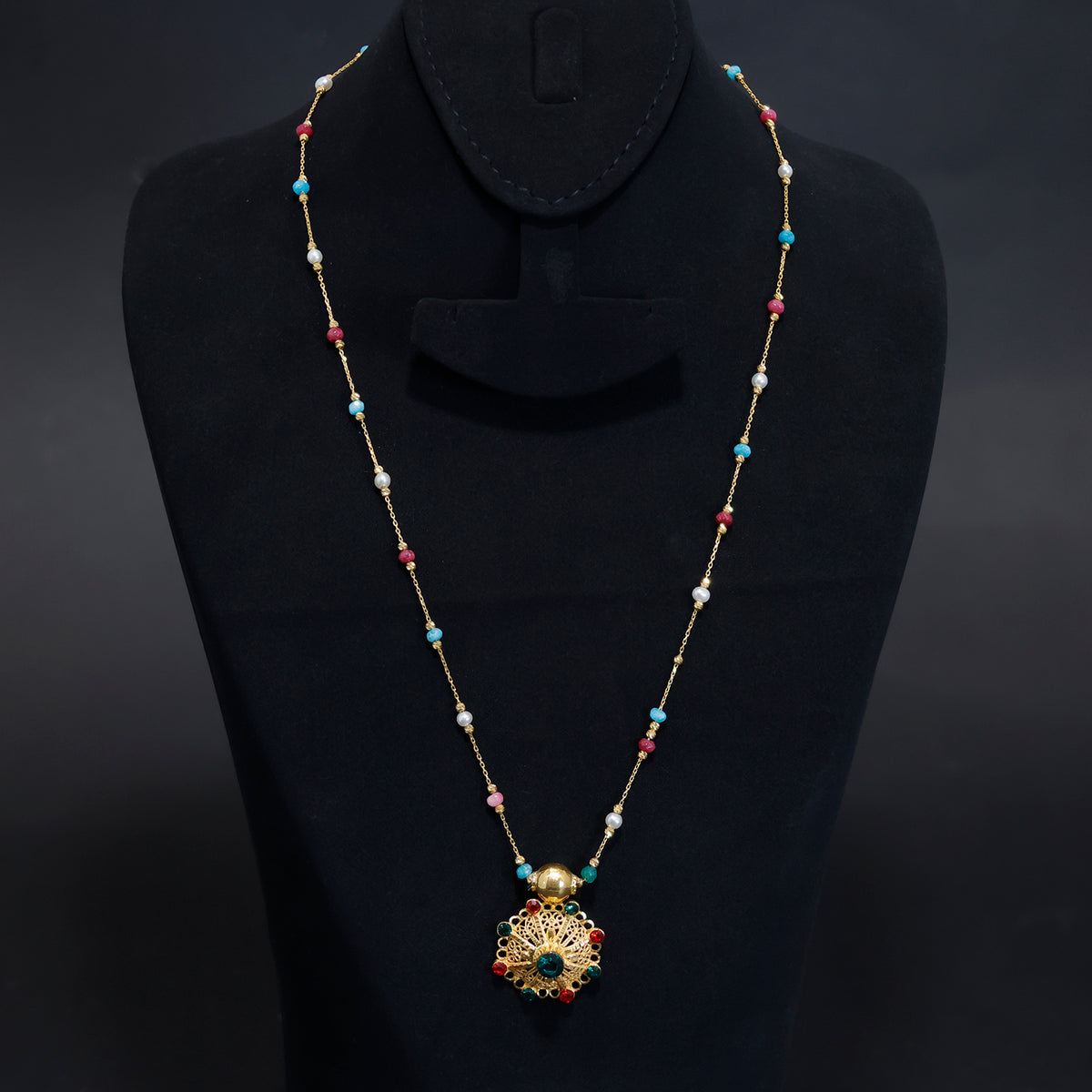 21K Gold Necklaces – colourful beads and an intricate floral pendant - Main View