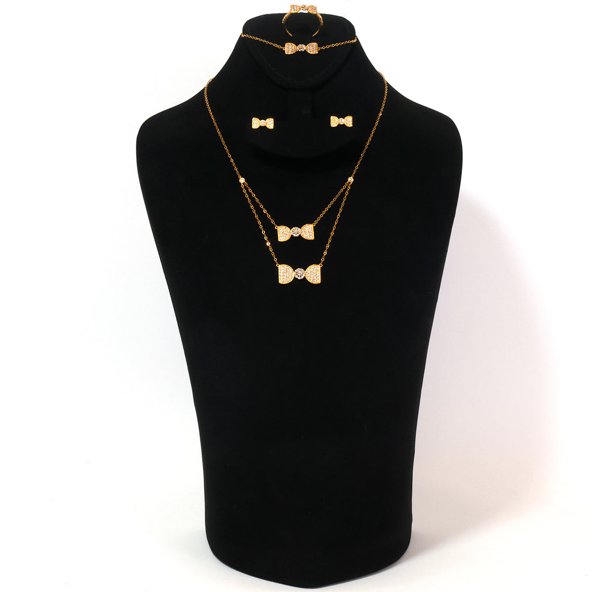 18K Gold Pave Bow Necklace, Earring, Bracelet & Ring Set