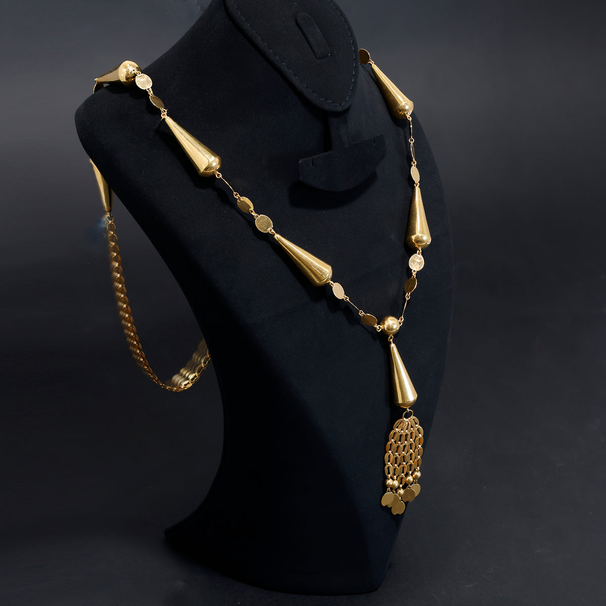 21K Gold Necklace with Cone Beads and Elegant Tassel Design – Side Angle