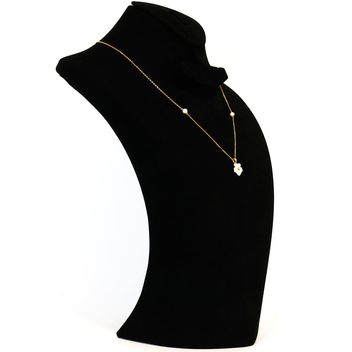 Black turtleneck garment with a gold necklace on a white background