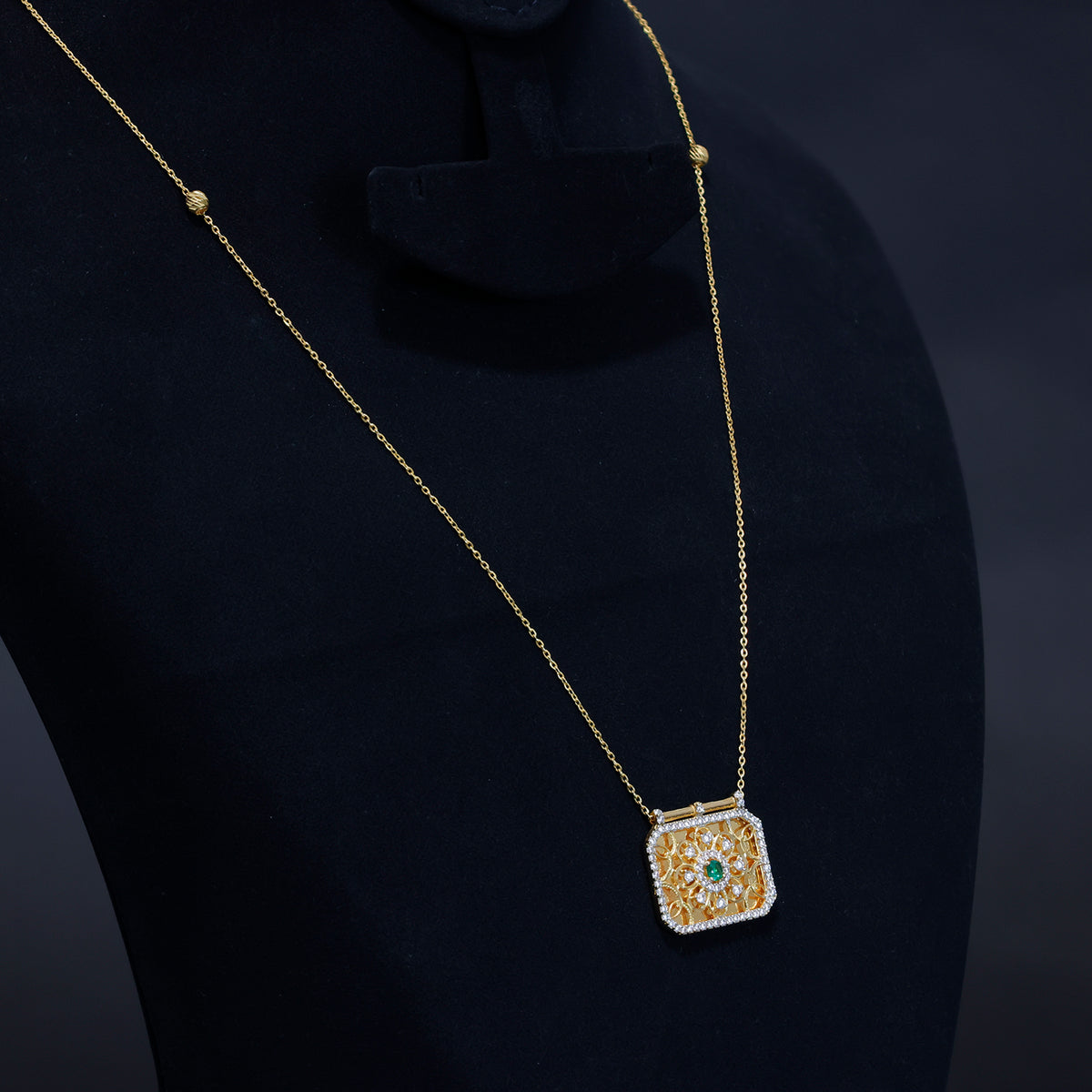 21K Gold Necklace with Square Floral Pendant – Zero Making Charge - Side Angle