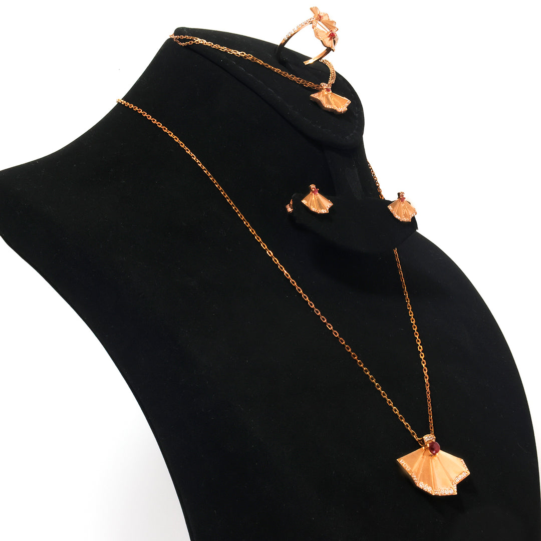 18K Gold Pave Fan Necklace, Earring, Bracelet &amp; Ring Set
