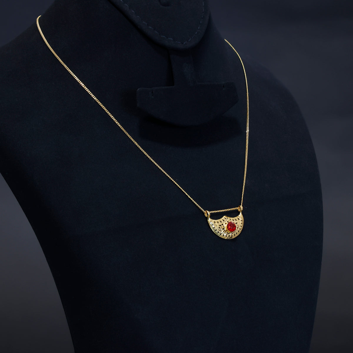 21K Gold Necklace – Filigree Half-Moon Pendant with Red Stone – Side Angle