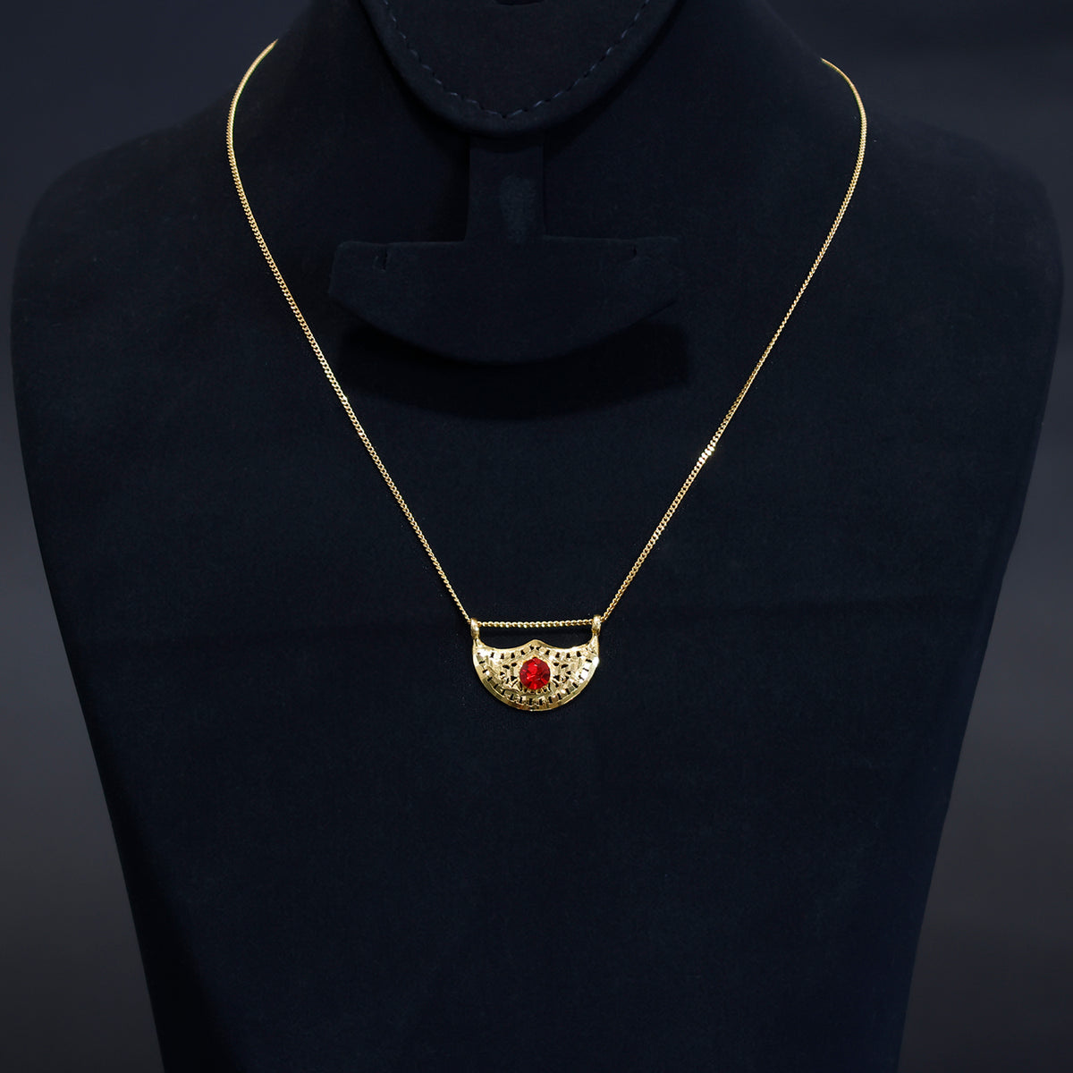 21K Gold Necklace – Filigree Half-Moon Pendant with Red Stone – Main View