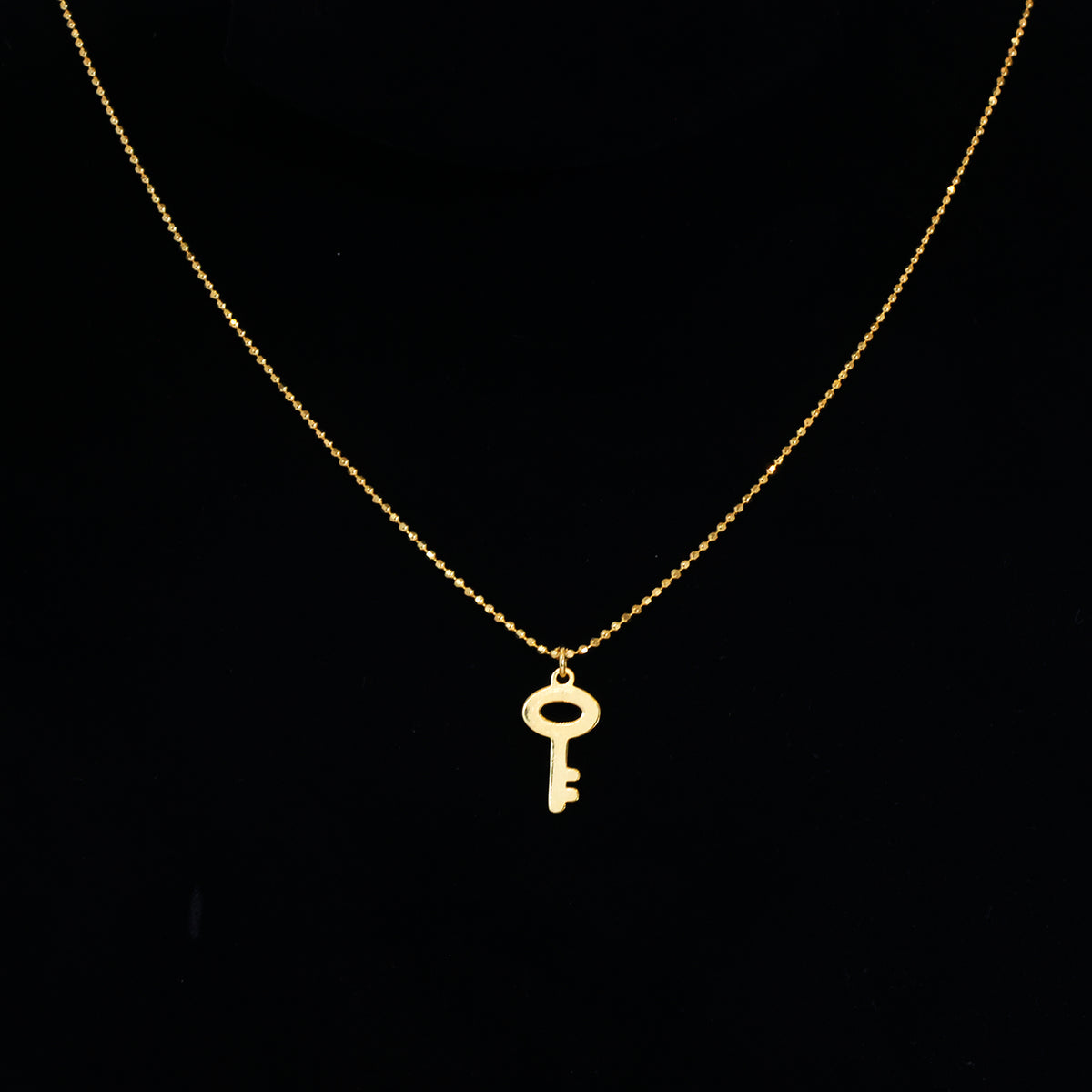 A delicate gold chain necklace with a small key-shaped pendant, displayed against a solid black background.