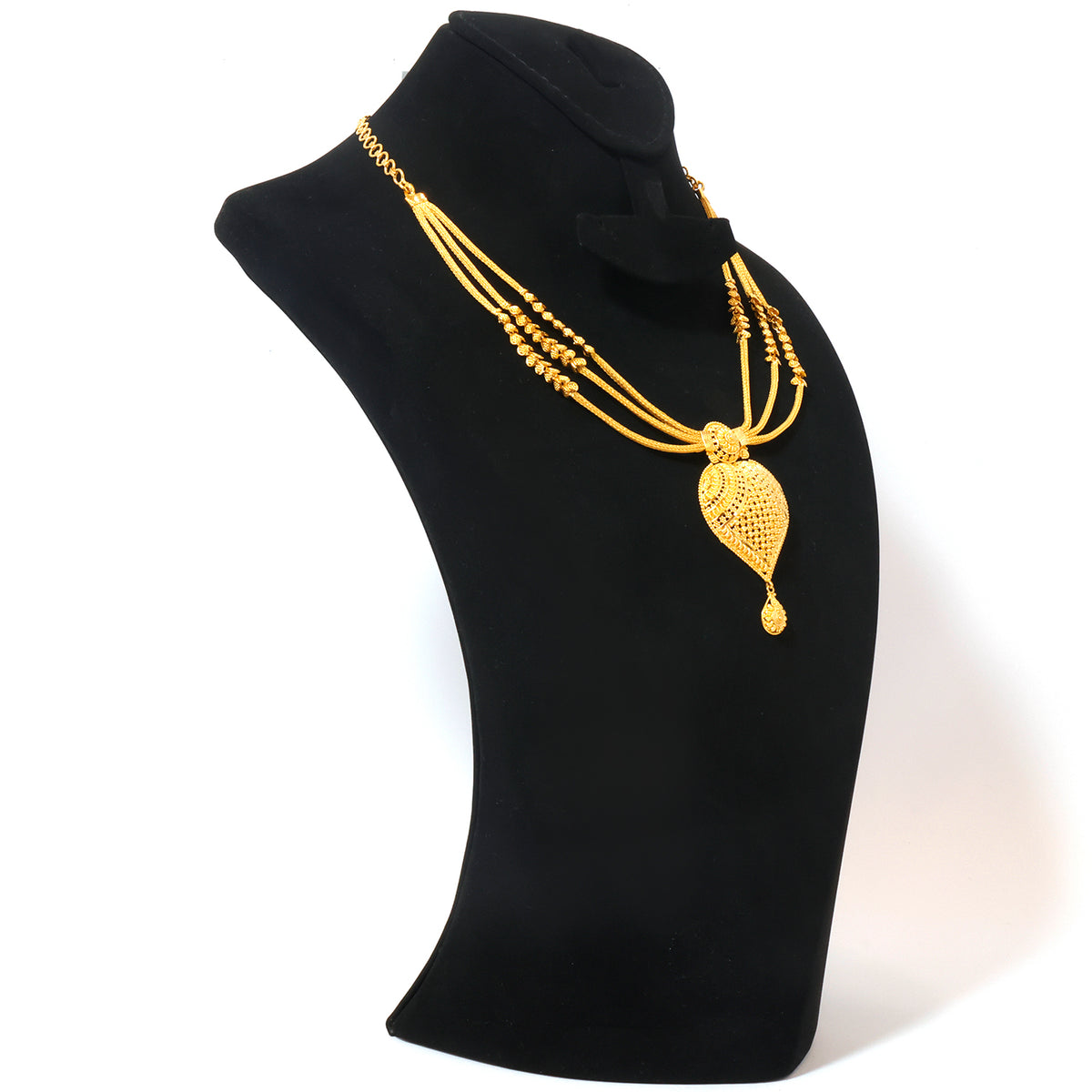 A gold multi-strand necklace with a textured teardrop pendant, displayed on a black jewelry bust against a white background.