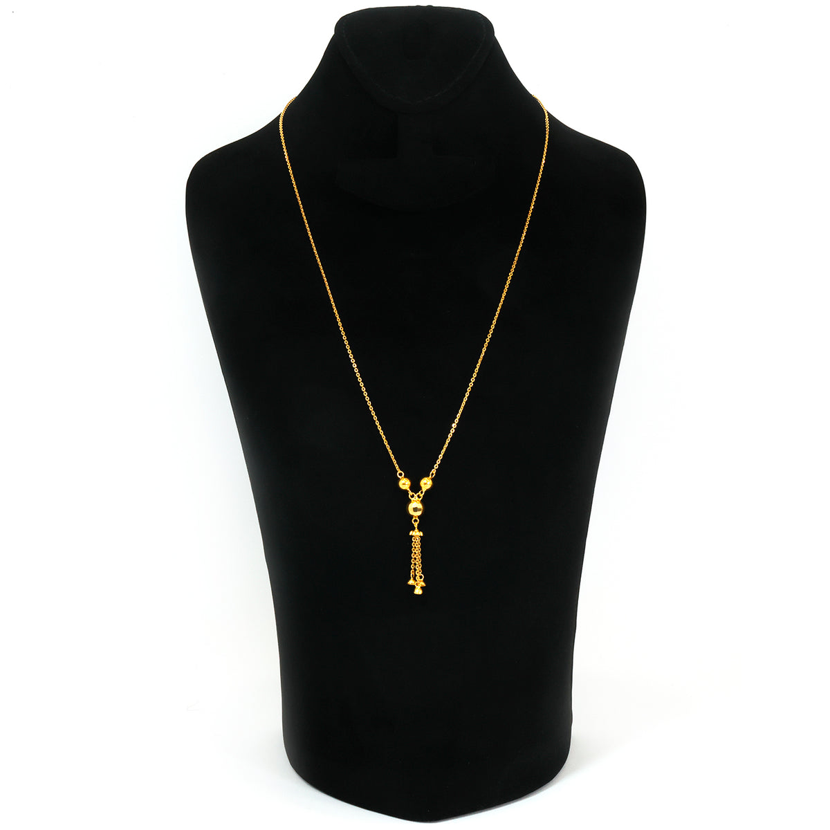 A gold pendant necklace displayed on a black neck mannequin against a white background.
