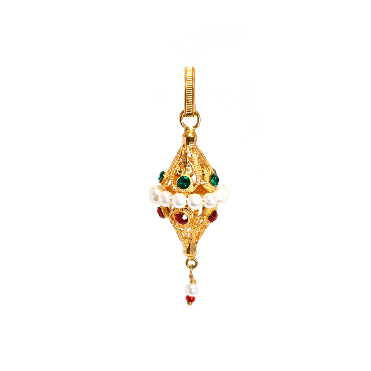 21K Gold Pendants – Lantern-Style Filigree Pendant with Pearl Band - Main View