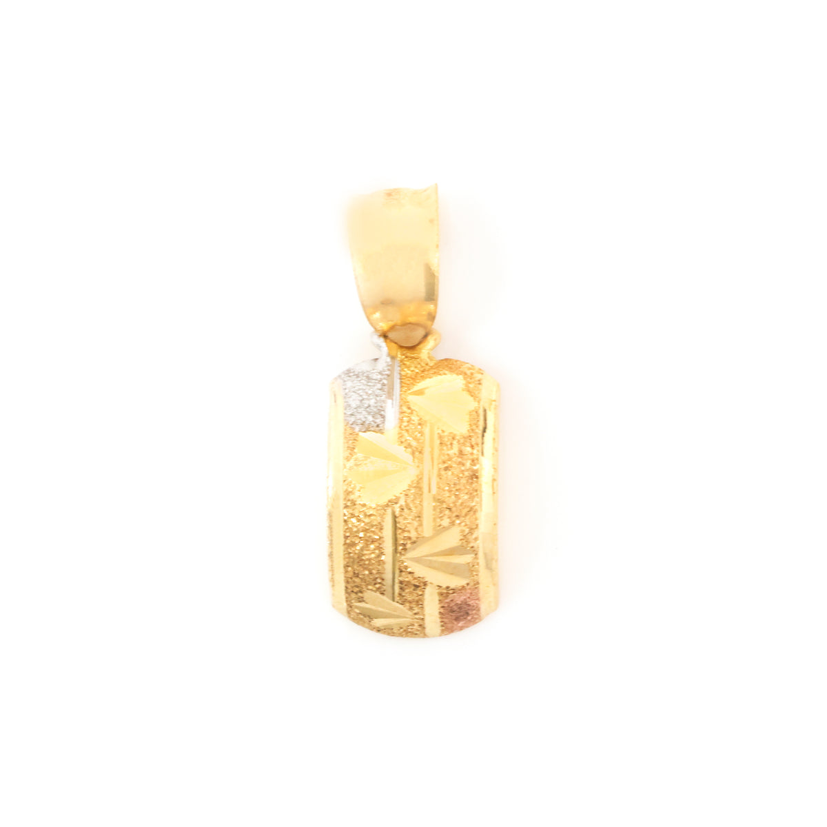 A rectangular gold pendant with a textured, hammered finish and a bail at the top, shown on a plain white background.
