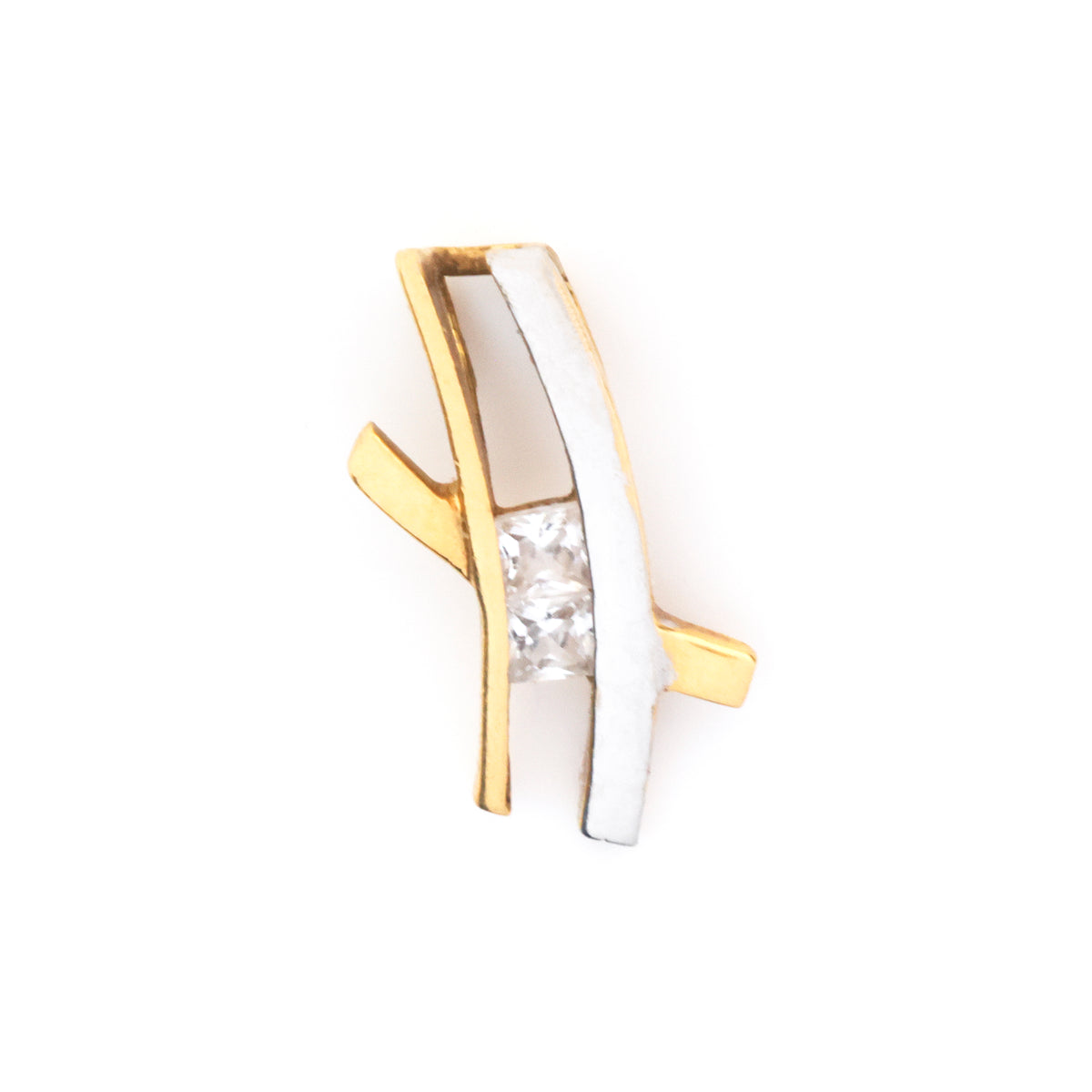 A two-tone gold and white gold ring featuring a central clear rectangular gemstone, set against a plain white background.