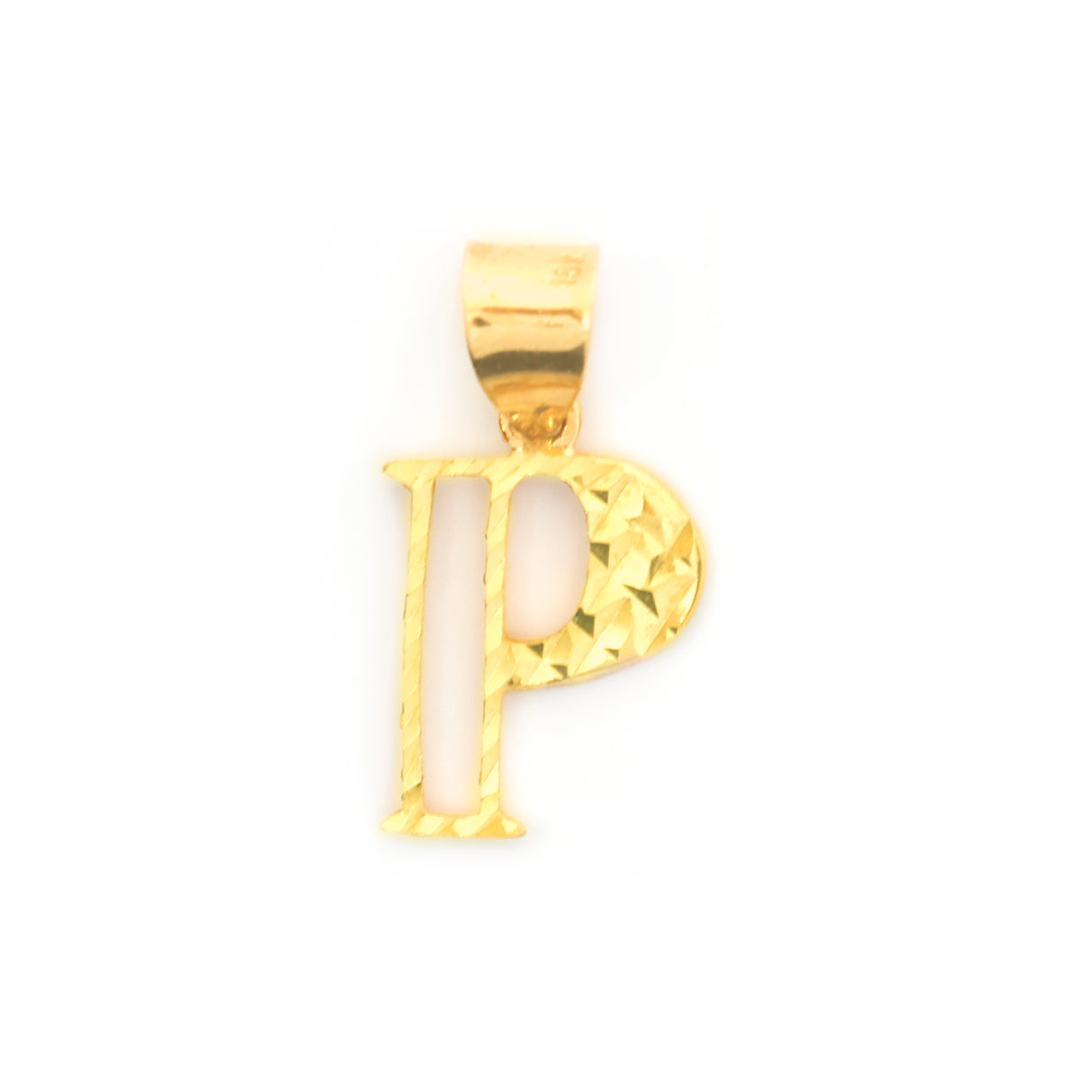Gold letter 'P' pendant on a white background