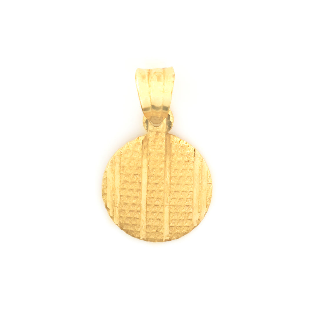 A textured yellow gold pendant with a circular face and a bail at the top, shown on a plain white background.
