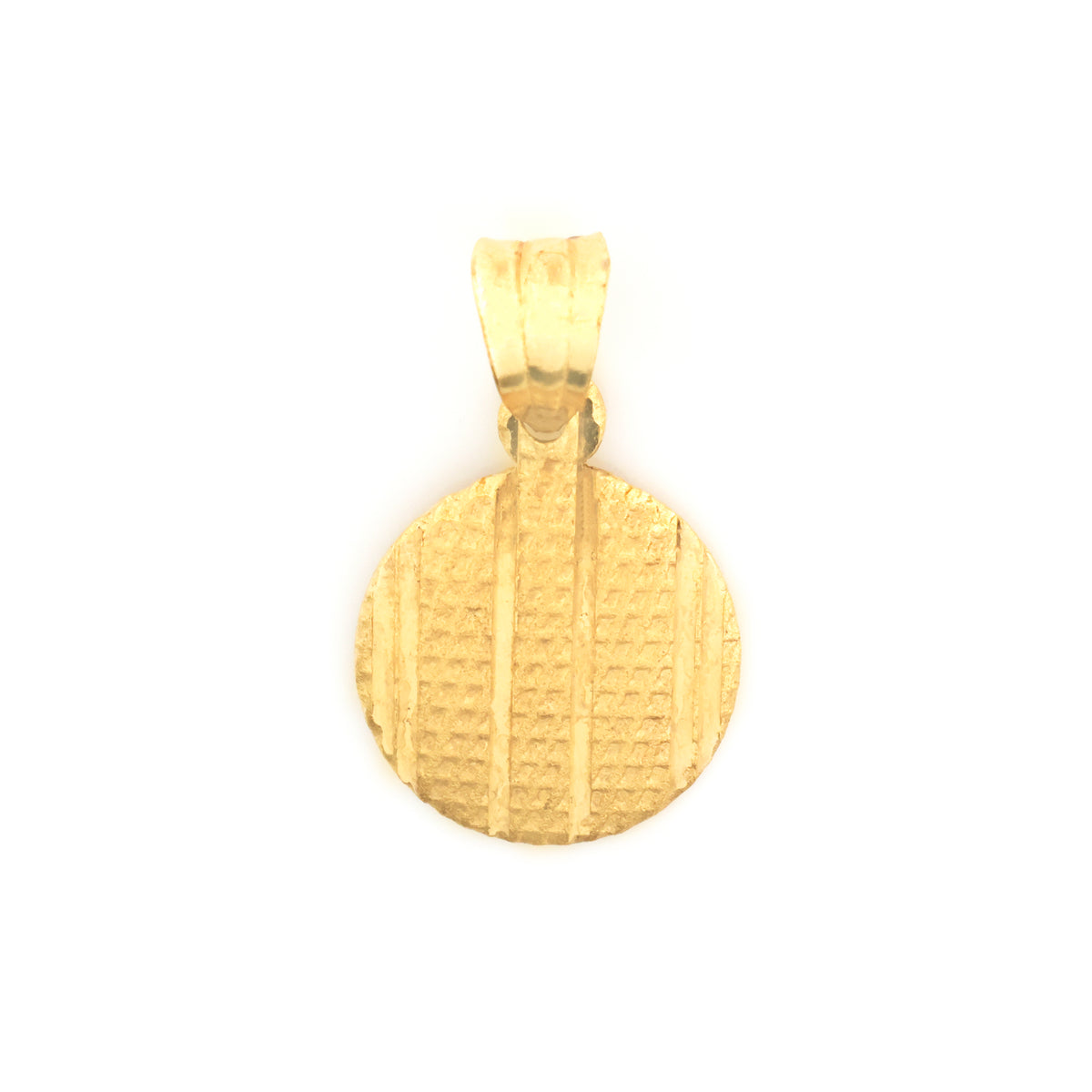 A textured yellow gold pendant with a circular face and a bail at the top, shown on a plain white background.