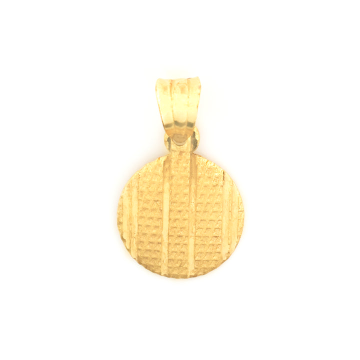 A textured yellow gold pendant with a circular face and a bail at the top, shown on a plain white background.