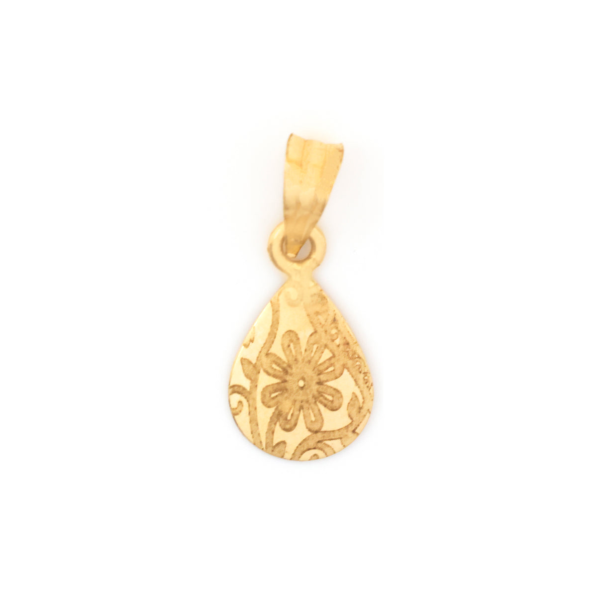 A gold teardrop-shaped pendant with an engraved floral pattern, shown on a plain white background.