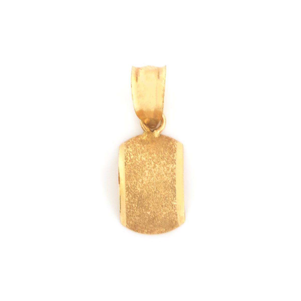 A gold rectangular pendant with a textured, matte finish and a smooth bail at the top, shown on a plain white background.