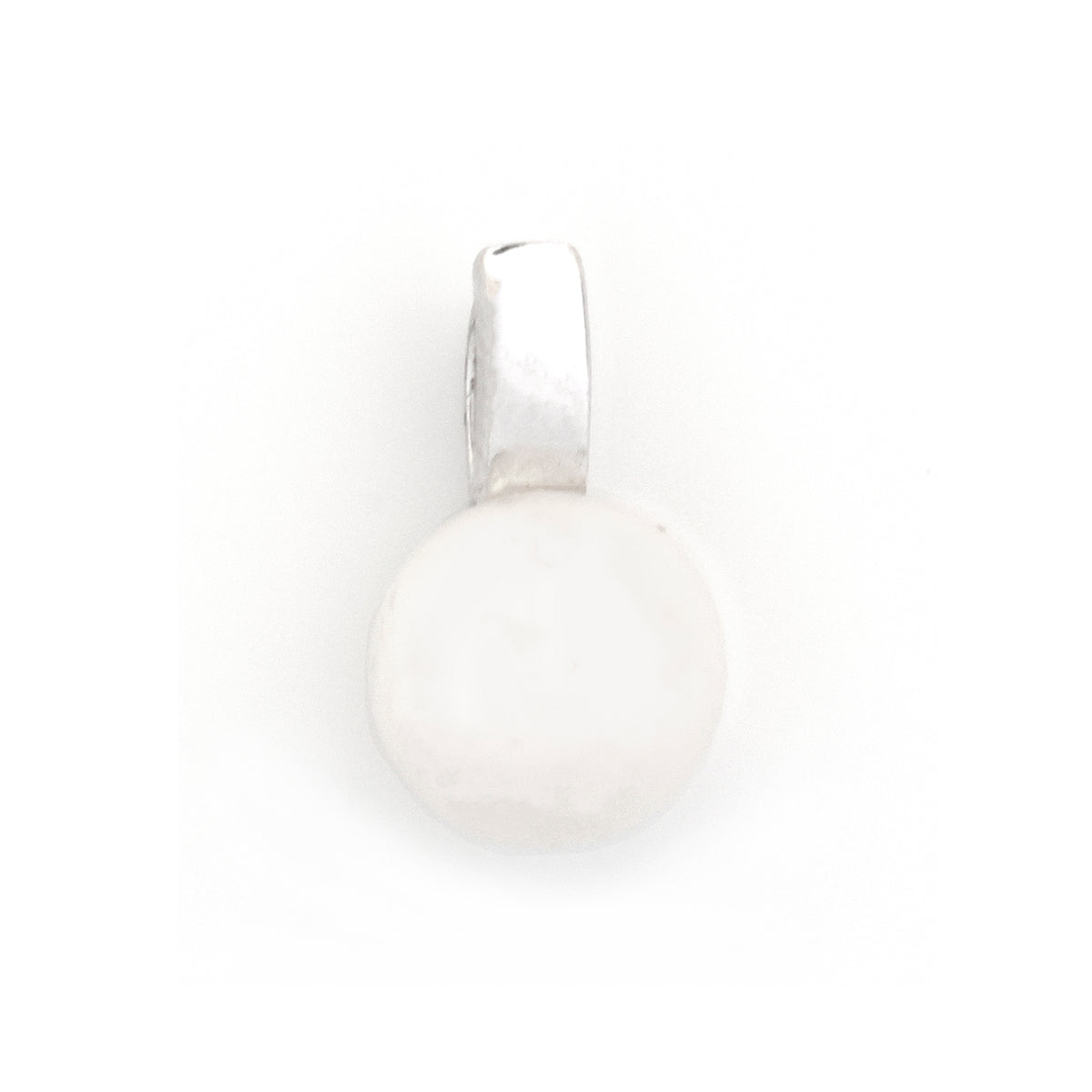 A silver pendant with a flat, circular white stone or cabochon setting, shown against a plain white background.