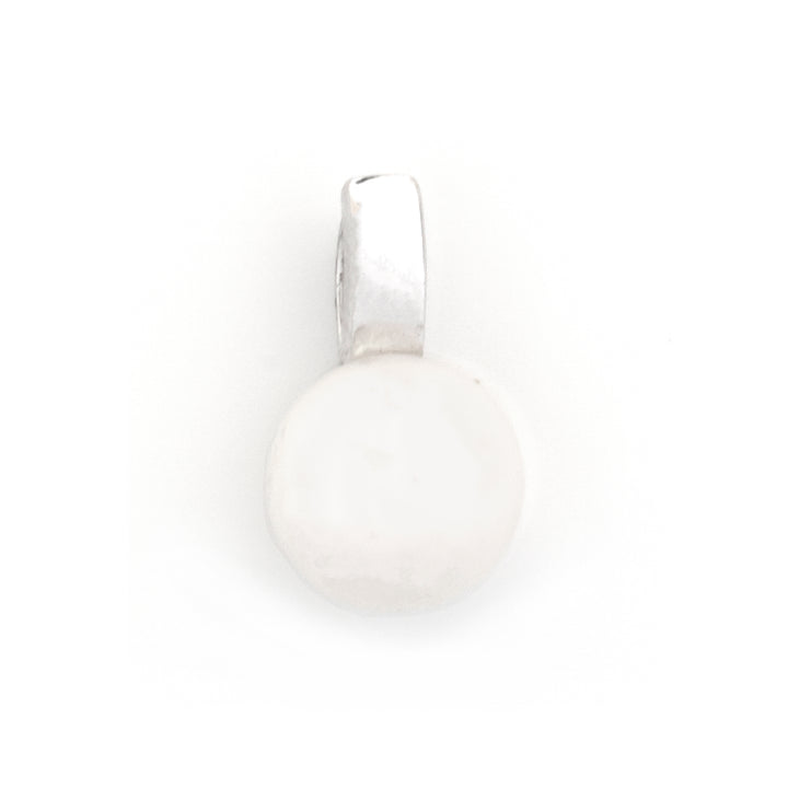 A silver pendant with a flat, circular white stone or cabochon setting, shown against a plain white background.