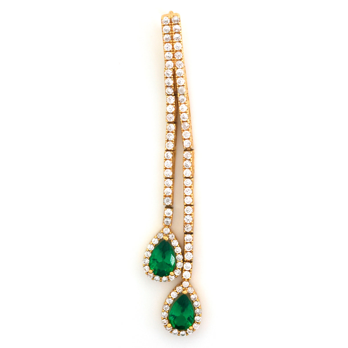 A gold-plated drop earring featuring two pear-cut green emeralds, each surrounded by a halo of small clear stones, hanging from a straight bar also paved with clear stones, set against a plain white background.