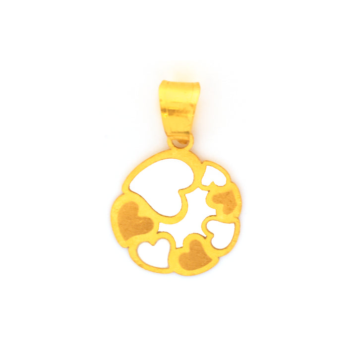 Gold pendant with heart designs on a white background