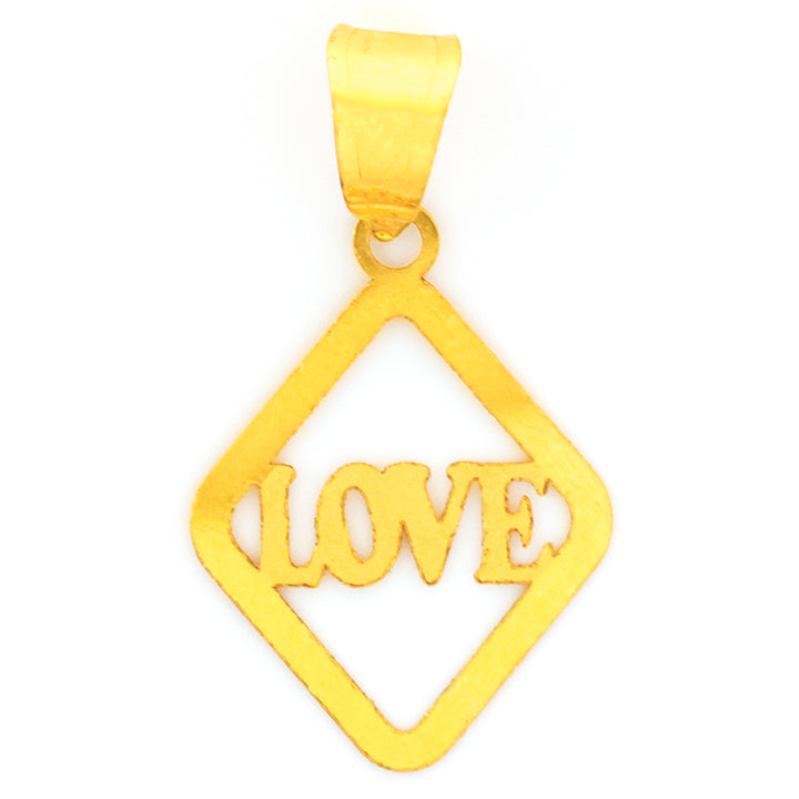 Gold pendant with 'LOVE' inscription on a white background