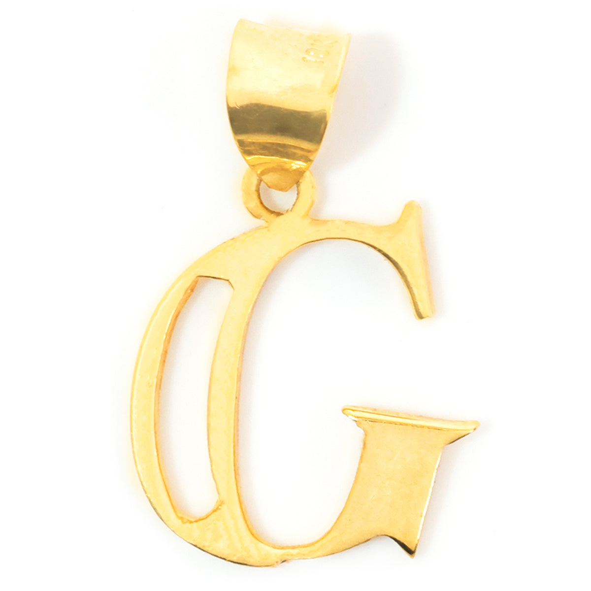 Gold pendant shaped like the letter 'G' on a white background