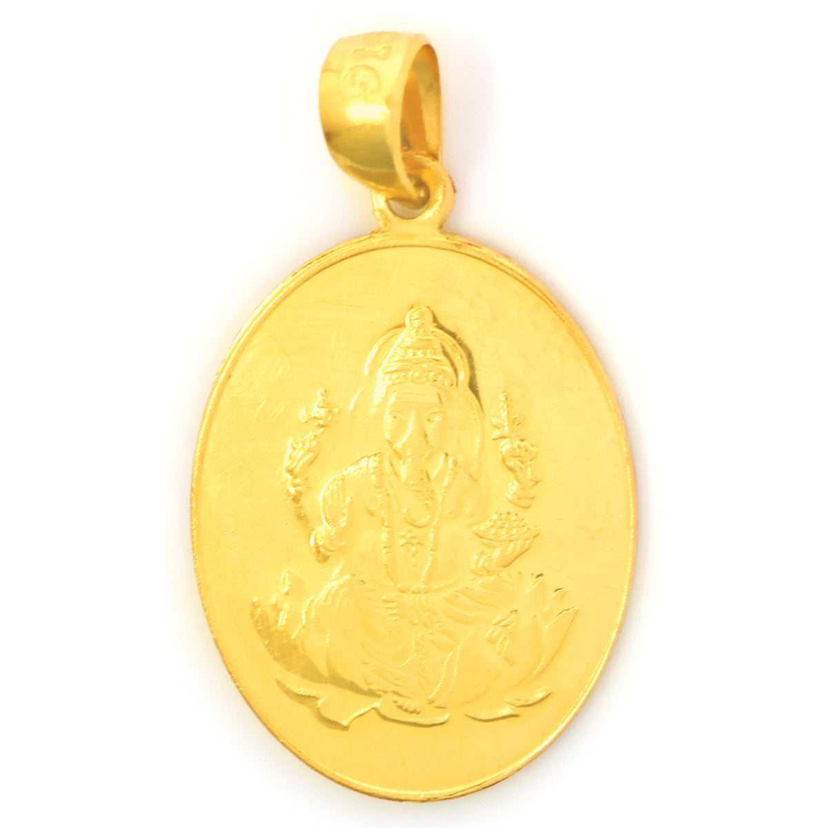 Gold pendant with a religious figure on a white background